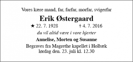 Dødsannoncen for Erik Østergaard - Holbæk