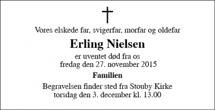 Dødsannoncen for Erling Nielsen - Stouby