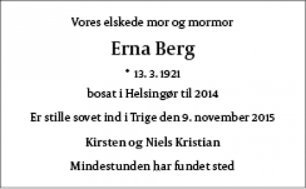 Dødsannoncen for Erna Berg - Trige