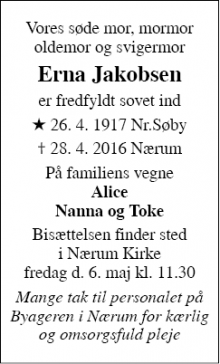 Dødsannoncen for Erna Jakobsen - Nærum