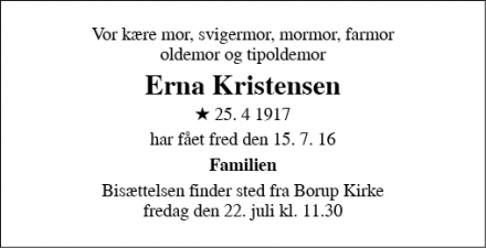 Dødsannoncen for Erna Kristensen - Randers