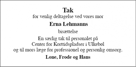 Dødsannoncen for Erna Lehmann - Sønderborg