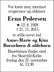 Dødsannoncen for Erna Pedersen - sunds