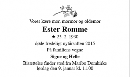 Dødsannoncen for Ester Romme - Maribo
