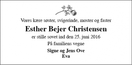 Dødsannoncen for Esther Bejer Christensen - Brørup