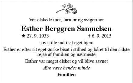 Dødsannoncen for Esther Berggren Samuelsen - Buerup. / Jyderup
