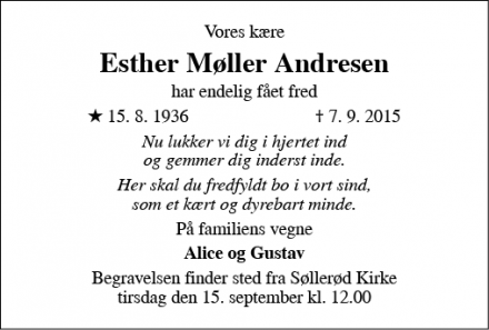 Dødsannoncen for Esther Møller Andresen  - Holte