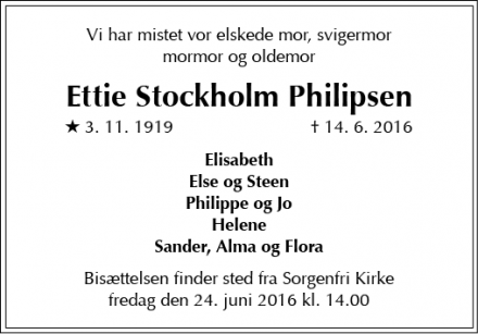 Dødsannoncen for Ettie Stockholm Philipsen - Virum