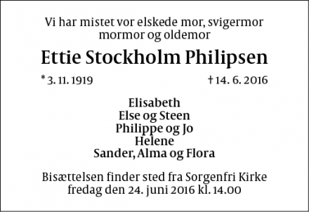 Dødsannoncen for Ettie Stockholm Philipsen - Virum