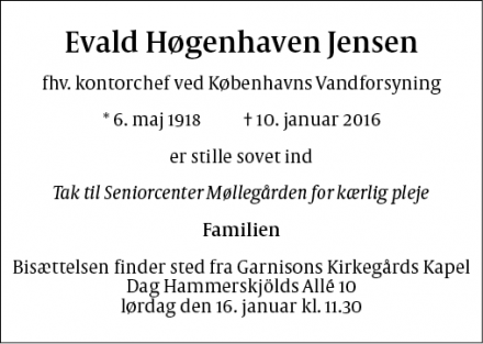 Dødsannoncen for Evald Høgenhaven Jensen - København