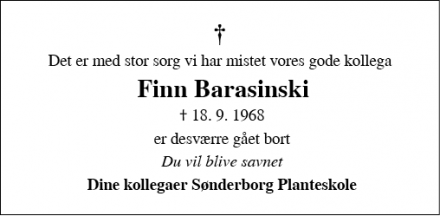 Dødsannoncen for Finn Barasinski - Sønderborg 