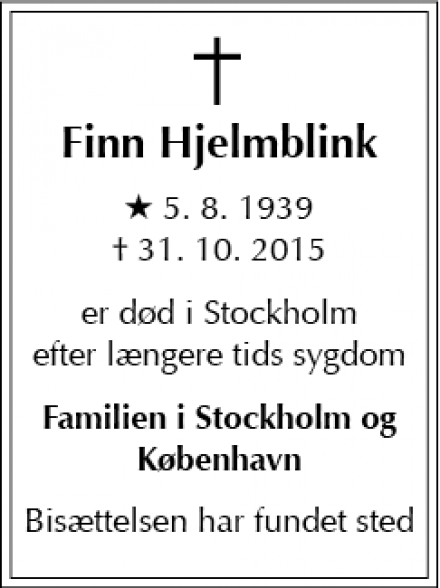 Dødsannoncen for Finn Hjelmblink - Født i København, levet i Stockholm (allerede annonceret)