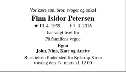 Dødsannoncen for Finn Isidor Petersen - Rynkeby-Hestehave