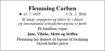 Dødsannoncen for Flemming Carlsen - Roskilde