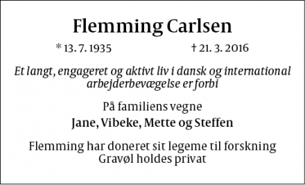 Dødsannoncen for Flemming Carlsen - Roskilde