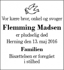 Dødsannoncen for Flemming Madsen - Herning