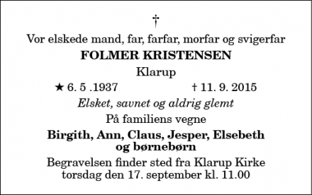 Dødsannoncen for Folmer Kristensen - Klarup