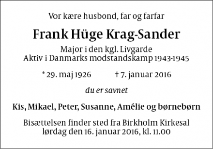 Dødsannoncen for Frank Hüge Krag-Sander - Herlev