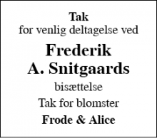 Dødsannoncen for Frederik A. Snitgaard - Hønning, Toftlund