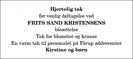 Dødsannoncen for Frits Sand Kristensen - Fårup