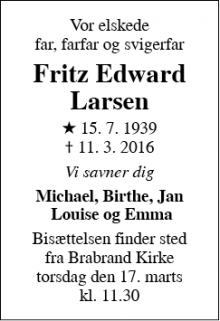 Dødsannoncen for Fritz Edward Larsen - Brabrand