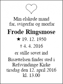 Dødsannoncen for Frode Ringsmose - Refsvindinge