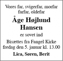 Dødsannoncen for Åge Højlund Hansen - Nyborg