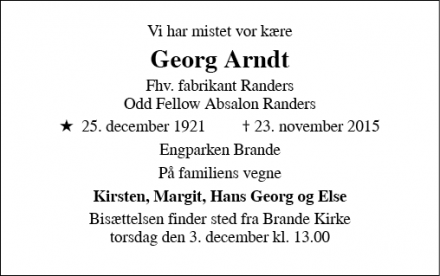 Dødsannoncen for Georg Arndt - Brande