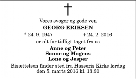 Dødsannoncen for Georg Eriksen - Klarup