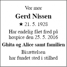 Dødsannoncen for Gerd Nissen - Dragør