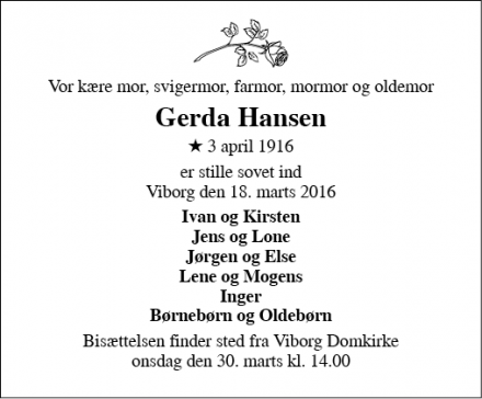 Dødsannoncen for Gerda Hansen - Viborg