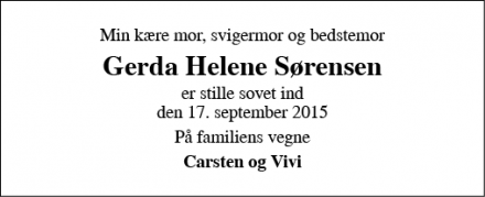 Dødsannoncen for Gerda Helene Sørensen - Esbjerg