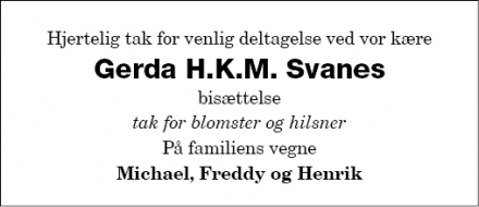 Dødsannoncen for Gerda H.K.M.Svanes - Fredericia