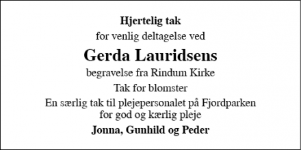 Dødsannoncen for Gerda Lauridsen - Ringkøbing