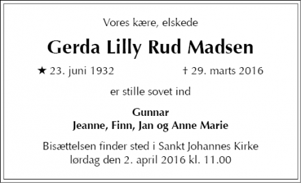 Dødsannoncen for Gerda Lilly Rud Madsen - København