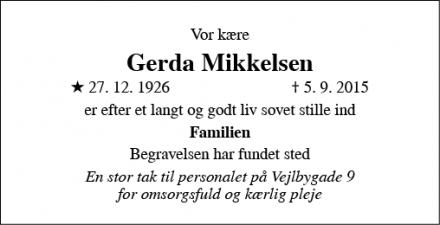 Dødsannoncen for Gerda Mikkelsen - Risskov