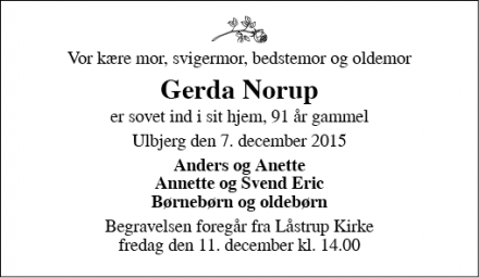 Dødsannoncen for Gerda Norup - Ulbjerg