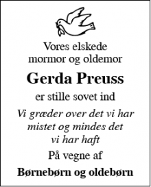 Dødsannoncen for Gerda Preuss - Vester Sottrup