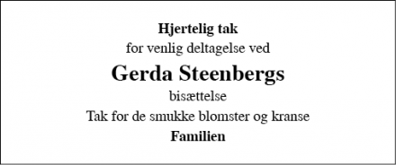 Dødsannoncen for Gerda Steenberg - Hvalsø