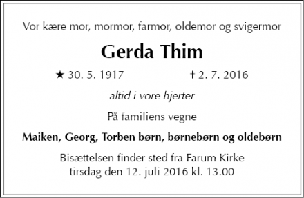 Dødsannoncen for Gerda Thim - Farum