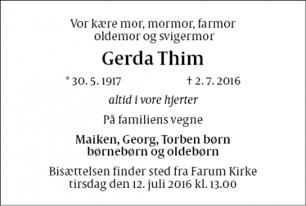 Dødsannoncen for Gerda Thim - Farum