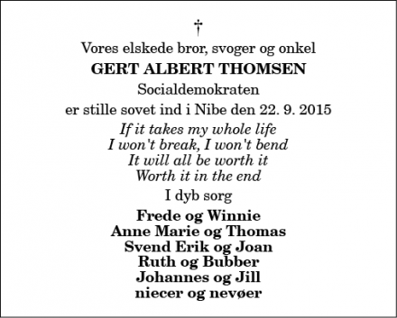 Dødsannoncen for Gert Albert Thomsen - Nibe