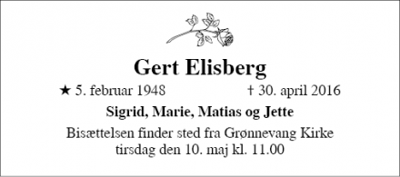 Dødsannoncen for Gert Elisberg - Hillerød