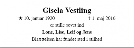 Dødsannoncen for Gisela Vestling - 4690 Haslev