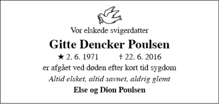 Dødsannoncen for Gitte Dencker Poulsen - Lunderskov
