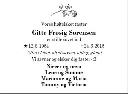 Dødsannoncen for Gitte Frøsig Sørensen - Herning