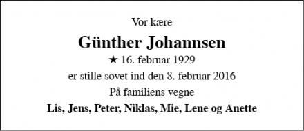 Dødsannoncen for Günther Johannsen - Rødekro