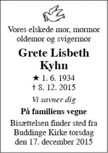 Dødsannoncen for Grete Lisbeth Kyhn - Søborg
