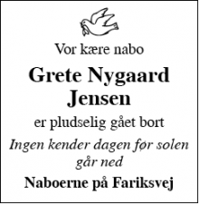 Dødsannoncen for Grete Nygaard Jensen  - Tim