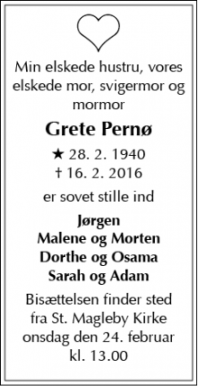 Dødsannoncen for Grete Pernø - Dragør